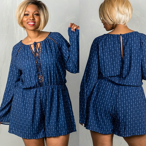 Pants - NAVY BELL SLEEVE SELF TIE PLUS SIZE ROMPER